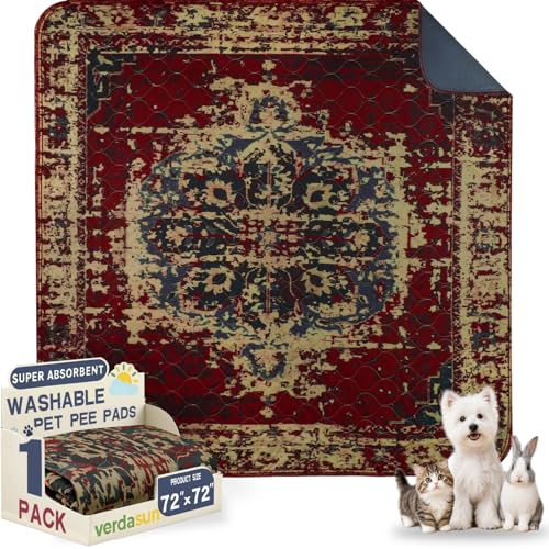 Washable Pee Pads for Dogs, Reusable Puppy Potty Training Pads, Ultra-Absorbent Thick Waterproof Leak-Proof Non-Slip Pads & Mat for Crate, Playpen, Floor, Whelping & Housebreaking , 1 Pack 72"x72" - color: Burgundy/Blue/Multi, size: 72" ×72"(pack of 1)