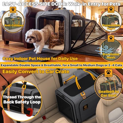 PAWZIDEA Expandable Large Pet Carrier, Soft-Sided 2–4 Cats Carrier Up 55lbs | 24"×16"×16" Collapsible Small to Medium Dog Carrier Travle Bag, Portable Dog Crate for Car Travel, Breathable, Storage Pocket - color: Mid-Hemp Gray, size: 24.0"L x 16.0"W x 16.