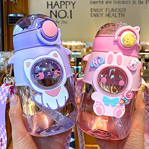 Kawaii Water Bottle Cute Water Bottles with Straw, Kawaii Bear Water Bottle with Adjustable Strap and Stickers - for School Outdoor Travel, BPA-Free, 24oz (Pink Rabbit) - color: Pink Rabbit