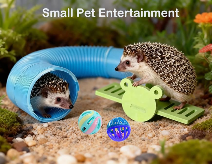 Hedgehog Enrichment Toys Set, Includes Hideout Tunnel, Skateboard, Ball Bell, Cozy Bed, and Seesaw, 5 Piece - color: Blue