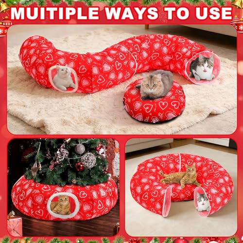 Soulchen Cat Tunnel Bed 3 ft x 3 ft x 9.8 Inches Cat Tunnel Tree Skirt Red Heart Pet Cave Donut Decor for Indoor Small Medium Kittens Dog Rabbit Ferret