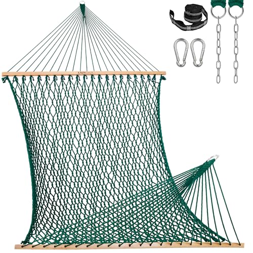 Lazy Daze 13 Ft Double Handwoven Polyester Rope Hammock with Tree Straps | Mesh Hammock for 2 Person, with Spreader Bar, Carabiners, Chains for Outside, Backyard, Patio, 450 Lbs Capacity - color: Green