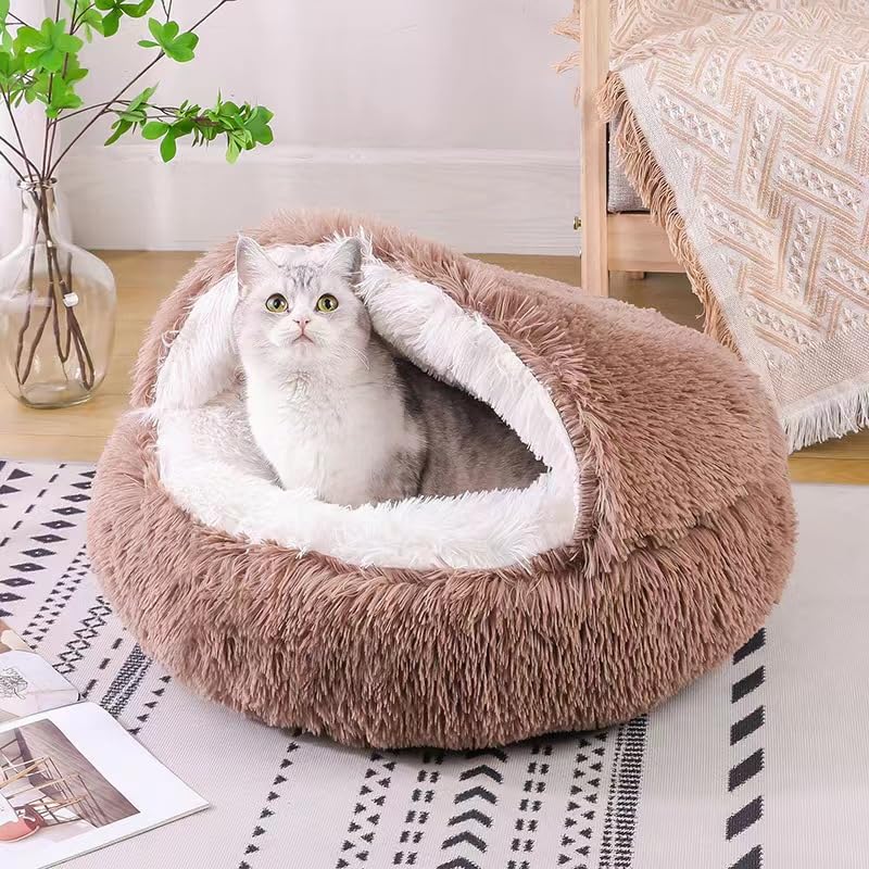 Round Fluffy Hooded Cat Bed Cave, Anti-Anxiety Cave Bed with Blanket | Hooded Cat Bed Cave, Cozy Cuddler Luxury Puppy Pet Bed, Anti-Slip Bottom and Machine Washable - color: Brown, size: Large