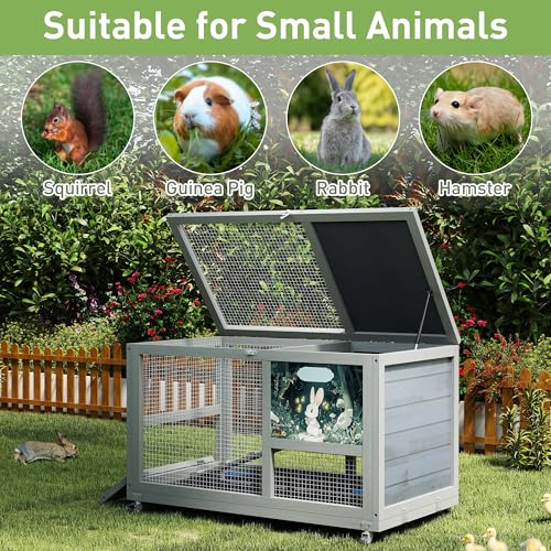 COZIWOW Fashionable Wood 36In Rabbit Hutch Indoor on Wheels Bunny Cage Outdoor Rabbit Cage with Clean Tray, Openable Roof, Anti-Slip Ramp for Small Bunny Rabbit (Grey with Pattern) - color: Grey
