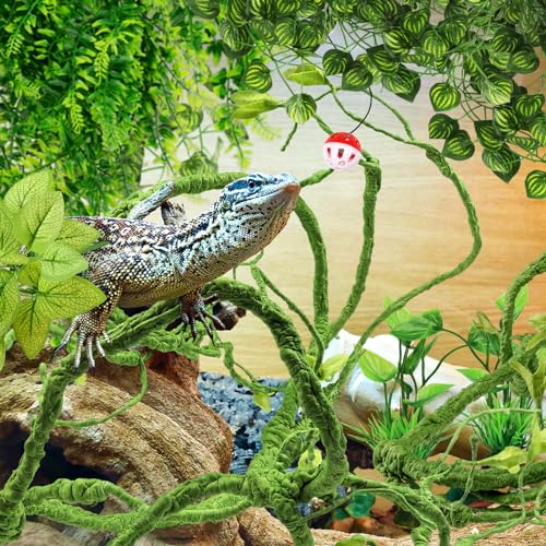 QUOZUO Bearded Dragon Accessories - Terrarium Hanging Plant Vines, Reptile Plants, Toys Ball With Bells, Leopard Gecko Tank Accessories for Lizard Snake Geckos Chameleon