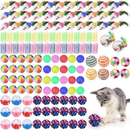 Shappy 150 Pcs Cat Toys for Indoor Cats Bulk, Kitten Toys Pack, Variety Interactive Gift Including Mice Rainbow Balls Spring Crinkle Balls Gift for Kitty Kitten Cat(Classic) - style: Classic
