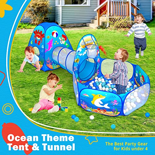 GeerWest 3PC Kids Ball Pits for Toddlers with Kids Play Tent, Tunnel for Baby, Children Pop Up Indoor/Outdoor Playhouse Toy for Boys and Girls, Best Birthday Gifts for 3 4 5 Years Old - style: 3pc Ocean Ball Pit
