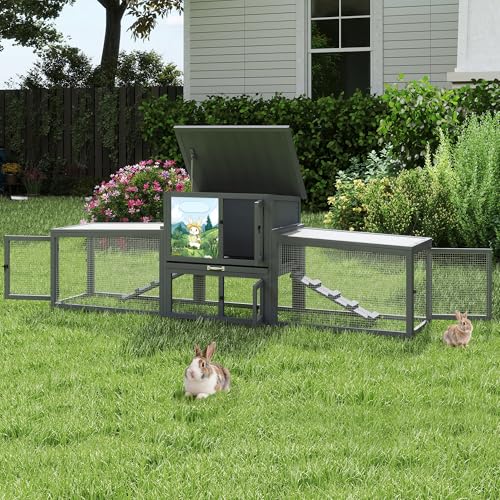 COZIWOW 95inches Extra Large Wood Rabbit Hutch Outdoor Easy to Assemble and Stable Bunny Cage Indoor with Cleaning Tray & Waterproof Roof for Small and Medium Bunny Rabbit Chick（Grey with Pattern） - color: Gray