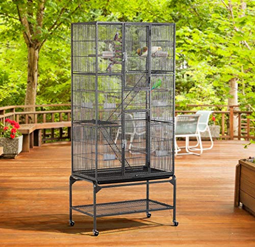Yaheetech 69" Large Bird Cage for Parakeets, Budgies, 3-Tier Flight Cage | Detachable Rolling Stand, Easy Cleaning Slide-out Tray, Multi-door Access, 0.4'' Bar Spacing, Free Accessories - color: Black