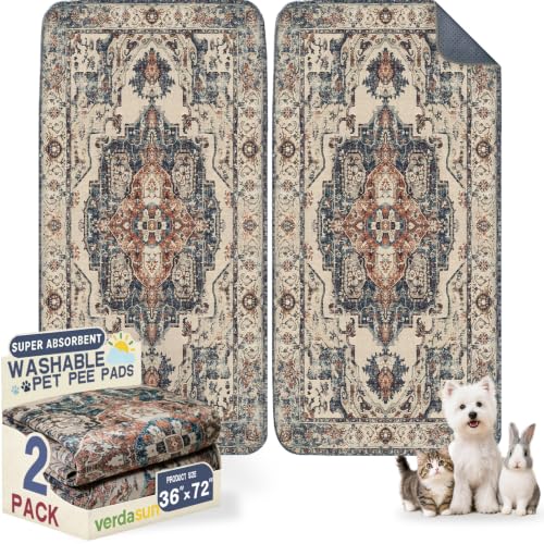 Washable Pee Pads for Dogs, Reusable Puppy Potty Training Pads, Ultra-Absorbent Thick Waterproof Leak-Proof Non-Slip Pads & Mat for Crate, Playpen, Floor, Whelping & Housebreaking , 2 Pack 36"x72" - color: Beige/Blue/Multi, size: 36" ×72"(pack of 2)
