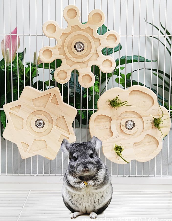 Chinchilla Chew Toys Rotating Natural Wood Teeth Grinding Interactive Enrichment Toys Hanging Exercise Wheel for Small Pet Rat Hamster Ferret Bunny Squrriel (Snow)