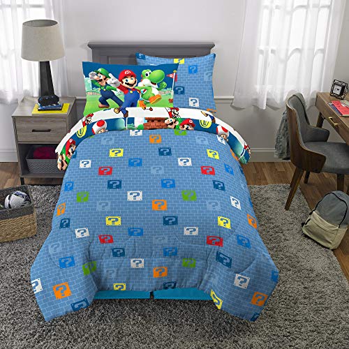 Super Mario Kids Bedding Set, Twin Size 5 Piece Comforter and Sheet Set with Sham, (Officially Licensed Product) by Franco - color: Mario, size: 5 Piece Twin Size