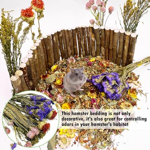 PINVNBY Natural Flower & Herb Hamster Bedding Habitat Decor Grain Guinea Pig Bedding Hamster Sprays Hamster Cage Accessories for Guinea Pig Dwarf Syrian Gerbils Mice Mouse Rat (Flower & Grain Version)