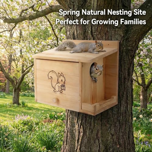 Extra Large Squirrel Houses for Outside 15.7" Outdoor Nest Box with Feeder | Carbonized pine wood, anti-predator design, Mounts on tree or fence. 2-in-1 shelter and feeder for backyard wildlife