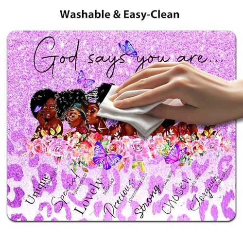 African American God Says You are Mouse Pad, Purple Glitter Cute Desk Mat | Christian Bible Verse Scripture, Inspirational Quote, Leopard Flower Butterfly Sparkles Print, Black Woman, 9.5 x 7.9 Inch - color: Pink Grey