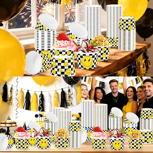120Pcs 12oz Smile Face Ice Cream Cups for Hot or Cold Food | Yellow Checkered Dessert Bowls Disposable Black White Plaid Emoji Large Snack Cups for Baby Shower Birthday Wedding Supplies - style: Smile Plaid Yellow Dessert Cup