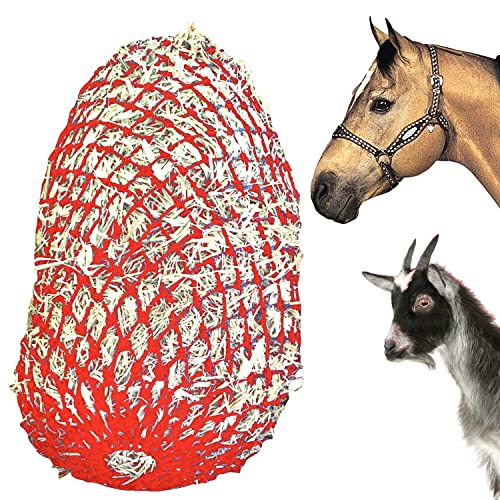 Majestic Ally 1.25”x1.25” Holes Ultra Slow Feed 40” Very Sturdy Hay Net with Bottom Ring for Goat, Sheep, Simulate Grazing and Reduces Waste (Red) - color: Red