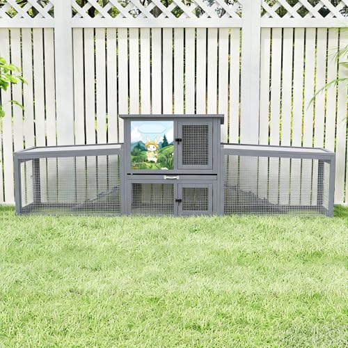 COZIWOW 95inches Extra Large Wood Rabbit Hutch Outdoor Easy to Assemble and Stable Bunny Cage Indoor with Cleaning Tray & Waterproof Roof for Small and Medium Bunny Rabbit Chick（Grey with Pattern） - color: Gray
