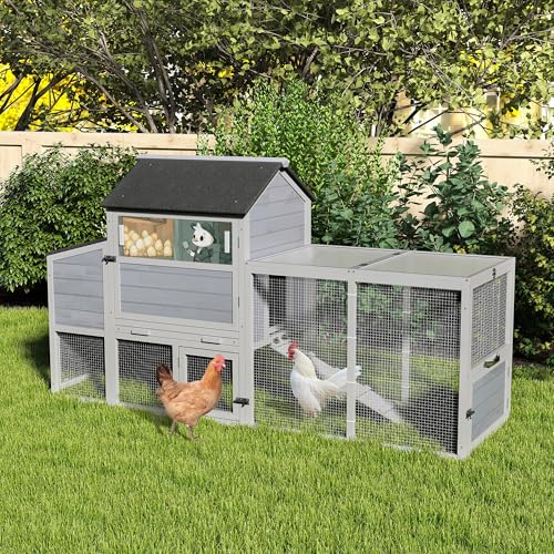 COZIWOW 82" Large Wooden Chicken Coop Mobile Rabbit Hutch with Wheel, Gray | Weatherproof asphalt roof & sunshine board, Anti-slip ramp, Pull-out tray, Hen house with 5 openable doors, Indoor Bunny Cage - color: Gray with Pattern