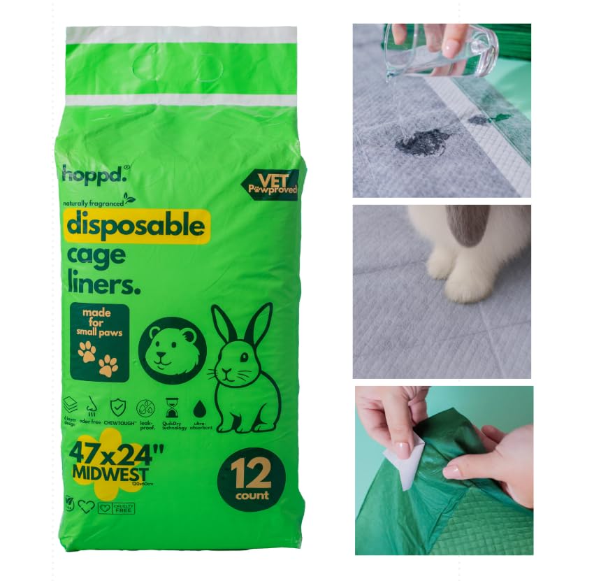 Hopp'd™ Disposable Cage Liners for Guinea Pigs, Rabbits, Ferrets & Small Pets - Ultra Absorbent Bunny Pee Pads with Bamboo Odor Control; Guinea Pig Bedding (47"x24" Midwest)- 12 Count (1 Month Supply) - style: 47"x24" Midwest