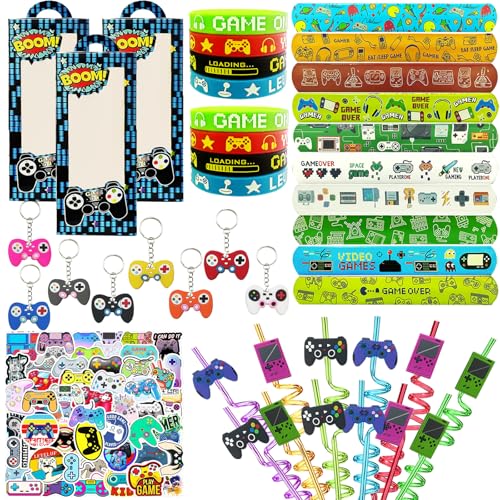 110PCS Video Game Party Favors, Gamer Goodie Bag Stuffers and Supplies | 110PCS video game party favors with boxes, keychains, wristbands, reusable straws, slap bracelets and 50 gaming stickers. - style: Video Game