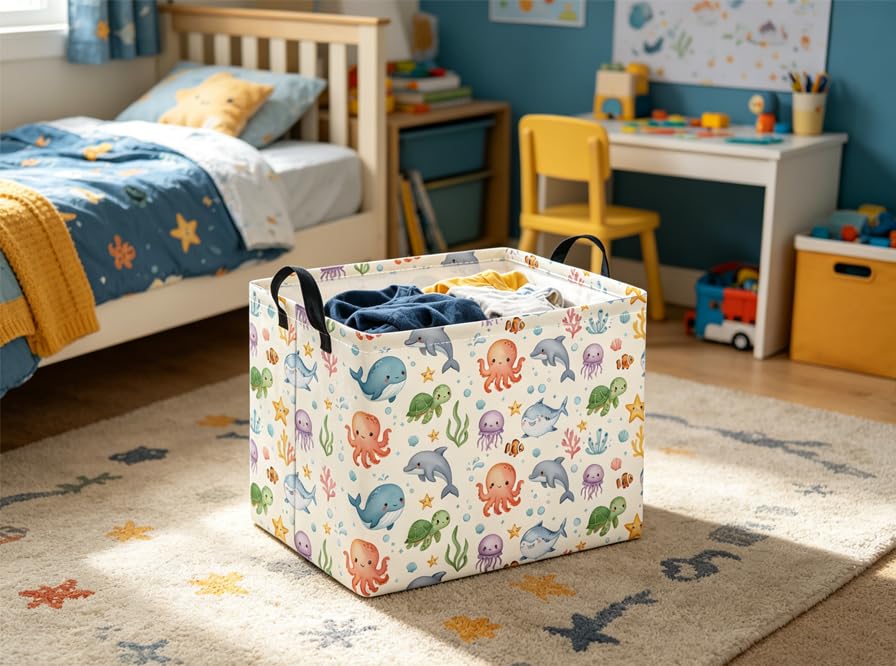 Rectangular Baby Kids Storage Basket for Home Kitchen Girls Cute Toy Storage Bin Organizer Shelf Book Room Decor(Cute Ocean) - color: Cute Ocean