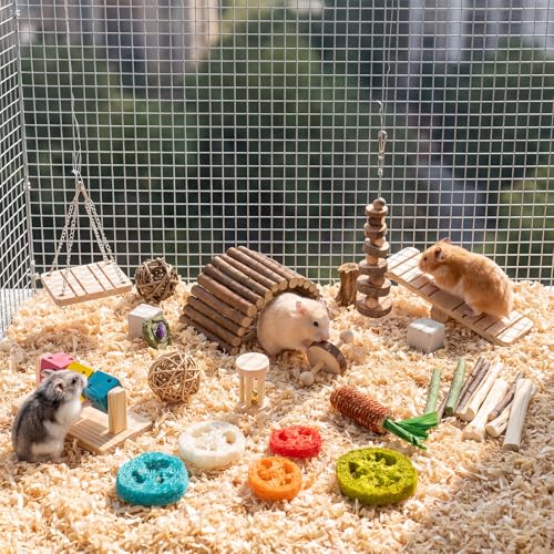 Leitee 30 Pcs Hamster Toys Set Small Animal Chew Toys Teeth Care Wooden Accessories Applewood Timothy Hay Mouse Toy Swing Seesaw Bridge for Guinea Pig, Chinchillas, Gerbils, Mice, Rats