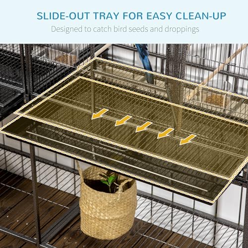 PawHut 65" Double Rolling Metal Bird Cage with Divider, Large Parrot Cage for Parakeet, Canaries, Lovebirds, Budgie, Finch, with Detachable Rolling Stand, Storage Shelf, Wood Perch & Food Container | for Parakeet, Canaries, Lovebirds, Budgie, Finch, Detac