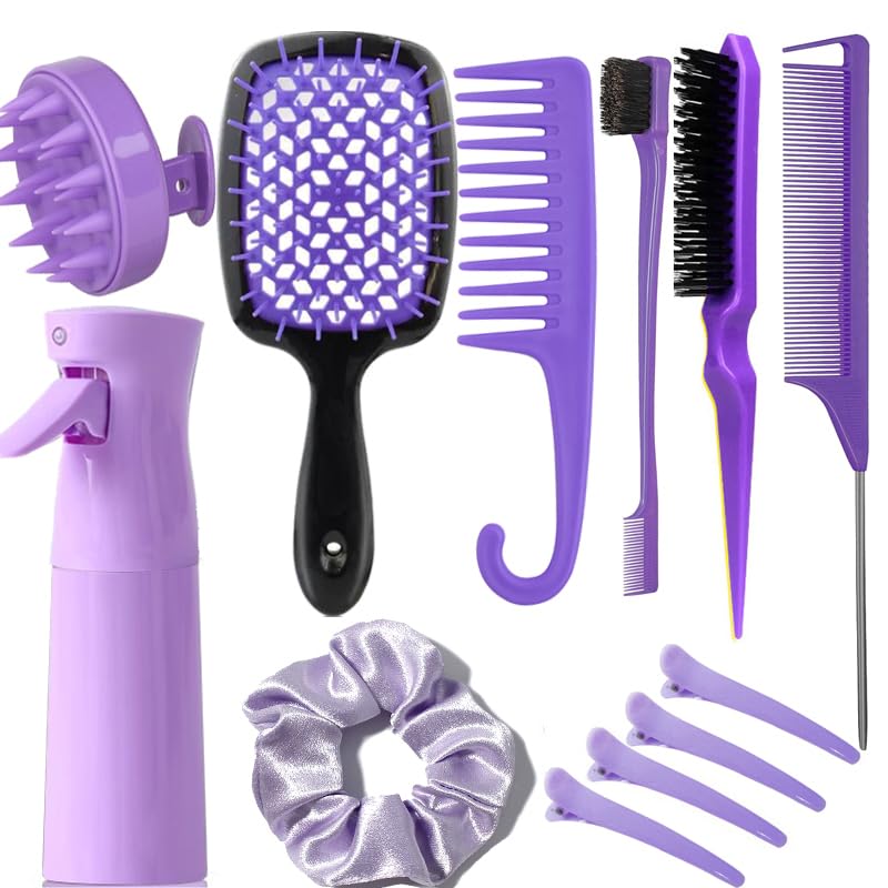 12 Pcs Hair Brush Set with Continuous Hair Spray Bottle for Women, Rat Tail Combs for Toddlers, Soft Scalp Massager, Detangling Hairbrush for Wet Dry Curly Hair (purple) - color: Purple
