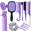 12 Pcs Hair Brush Set with Continuous Hair Spray Bottle for Women, Rat Tail Combs for Toddlers, Soft Scalp Massager, Detangling Hairbrush for Wet Dry Curly Hair (purple) - color: Purple