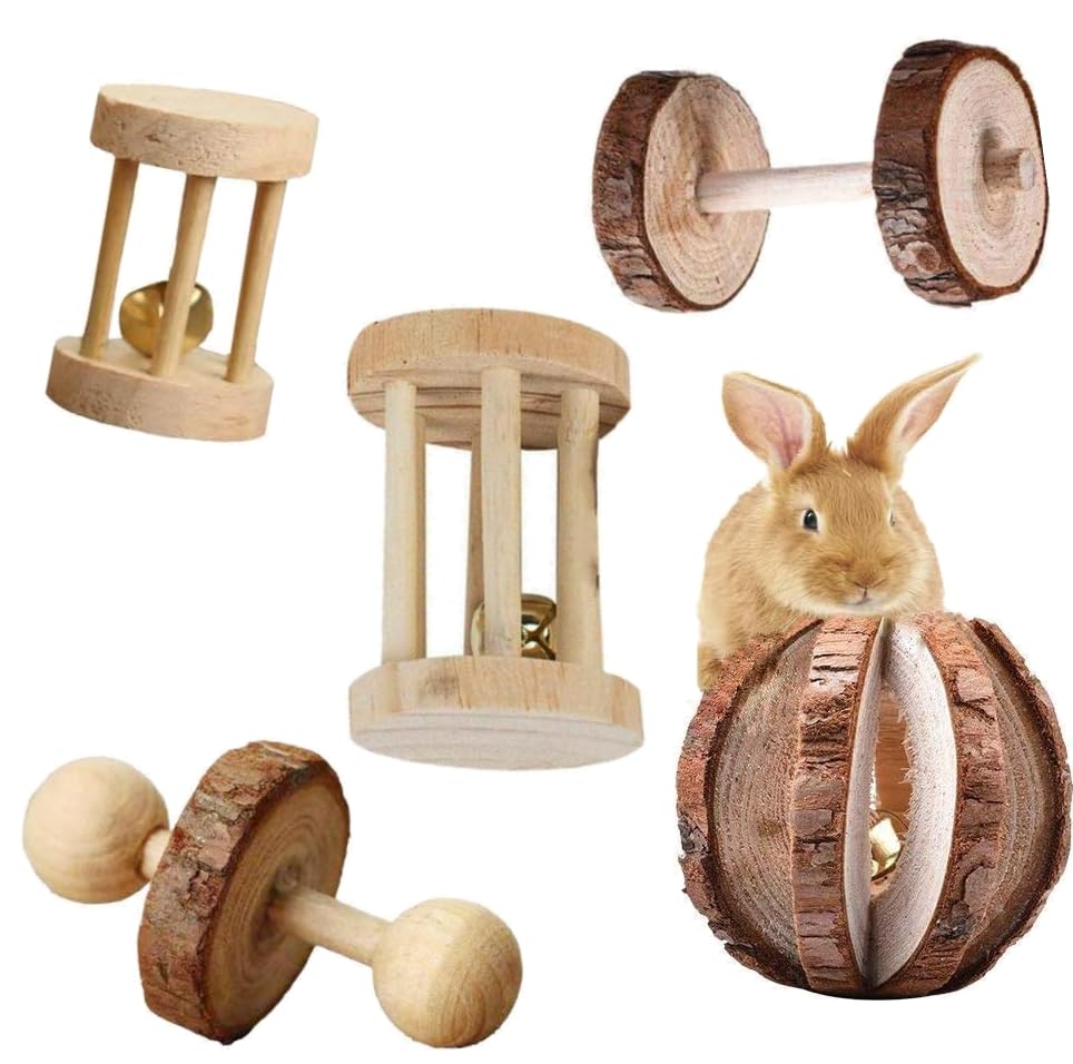 5 Pcs Hamster Chew Toys, Natural Wooden Chew Toy Set with Bell for Teeth Grinding, Dumbbell Roller Unicycle Molar Ball, Small Animals Toys for Rabbit Guinea Pig Chinchilla Gerbil Bird