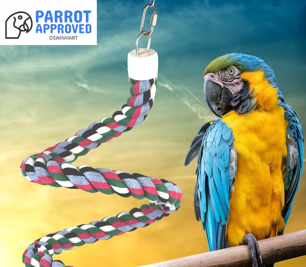 65 inch Length Colorful Cotton Bendable Rope Perch Swing Bird Chew Toys Amazon Parrots Cage Toys with Bell Swing Climbing Standing Bungee Bird Toys for Large to Regular Birds - size: 65'x1pc