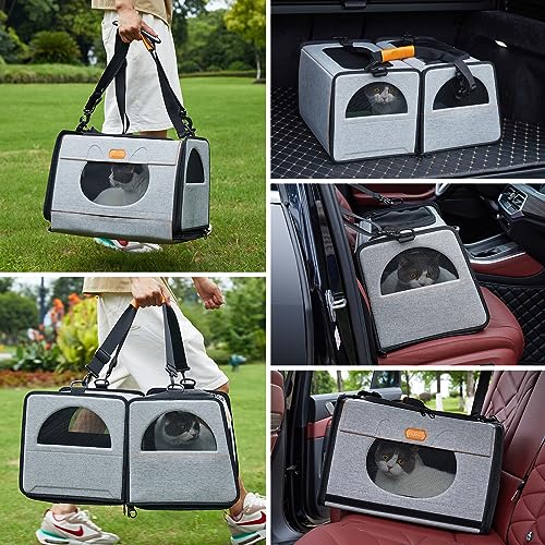 Cat Travel Carrier with Litter Box, Large Cat Carrier for Car | Double Cat Carrier, Pet Carrier 2-in-1, Cat Crate for kitten 2 cats, Collapsible Travel Transport carrier for Long Distance