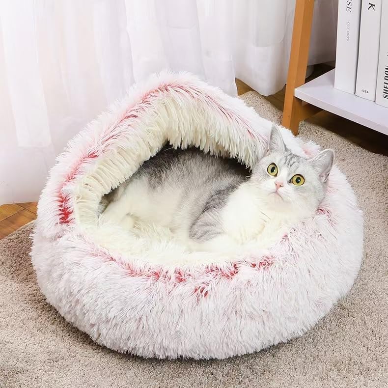 Round Fluffy Hooded Cat Bed Cave, Anti-Anxiety Cave Bed with Blanket | Hooded Cat Bed Cave, Cozy Cuddler Luxury Puppy Pet Bed, Anti-Slip Bottom and Machine Washable - color: Pink, size: Medium