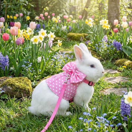 Bunny Harness and Leash Set, Soft Mesh Rabbit Harness with Bow, Adjustable Escape Proof Vest for Small Pets Rabbits Kittens Guinea Pigs (Pink Polka Dots, S) - size: S