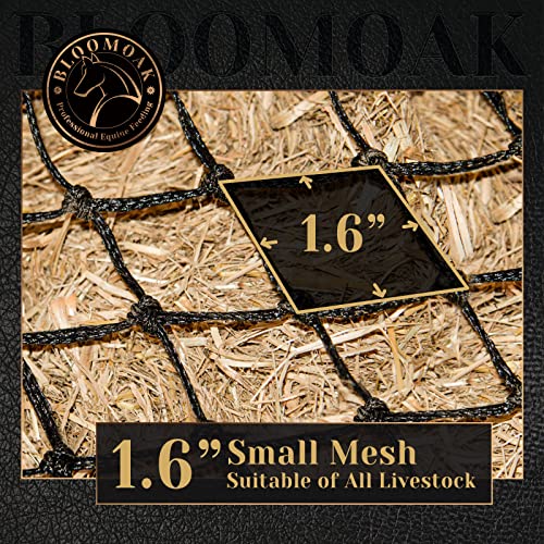 Bloomoak Slow Hay Net Feeder for Horses, Durable Soft Black PE 2/3 String Hay Bales Bags, Fit 36x18x18 to 47x25x17 Inches, Extends 50-64 Inches (2 1.6" Hole/2PC) - color: 2 String-1.6" Hole-Ultra Slow Feed/2PC