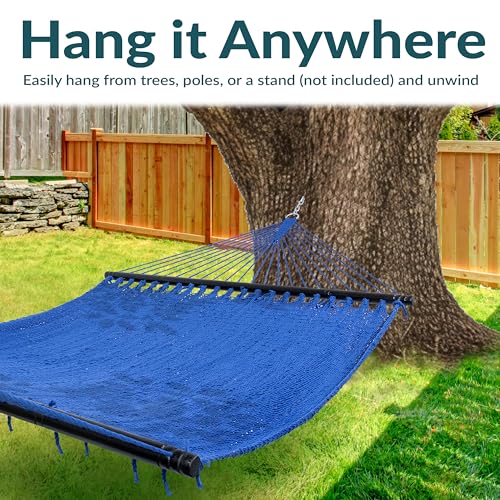 Sunnydaze Heavy Duty Double Rope Hammock for Outside, 600 lb Capacity | Blue, 75" x 55" Bed, Soft-Spun Polyester, Wood Spreader Bars, 2-Person Outdoor Hammock for Backyard, Camping, or Patio - color: Blue