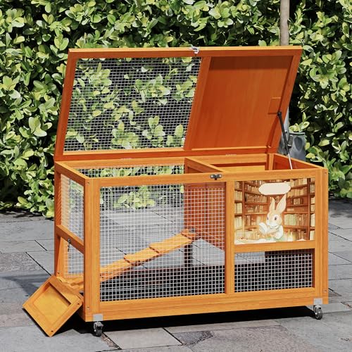 COZIWOW Wooden 36Inches Rabbit Hutch Indoor with Wheels Bunny Cage Outdoor Rabbit Cage with Clean Tray, Openable Roof, Anti-Slip Ramp for Small Bunny (Orange with Pattern) - color: Orange with Pattern