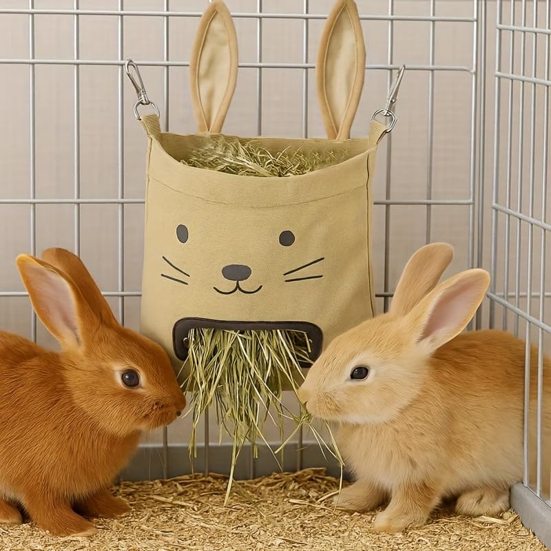 Hanging Hay Feeder Bag 1PCS Khaki Polyester Small Animal Hay Sack, Cage Hay Rack for Rabbits Guinea Pigs Chinchillas, Mess-Free Slow-Feed Hay Dispenser, Easy-Clean Pet Supplies