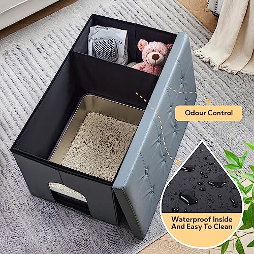 MEEXPAWS Cat Litter Box Enclosure Furniture Odor Control, Extra Large | XXL Hidden Cat Litter Box Bench Ottoman, Storage Cabinet Dog Proof, Waterproof Inside, Easy Clean, Easy Assembly, Grey - color: Grey, size: XXL L35.4'' x W19.7'' x H19.7''