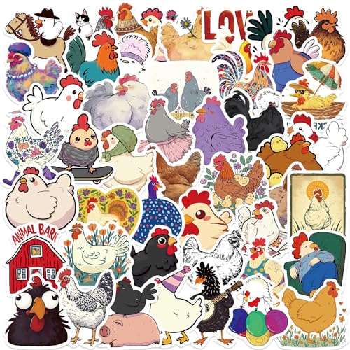 50Pcs Cute Chicken Stickers, Funny Farm Animal Waterproof Vinyl Stickers, Aesthetic Chicken Decals for Water Bottles Laptop Skateboard Journal, Cup, Farm Party Favors for Kids Teens - color: Chicken-1