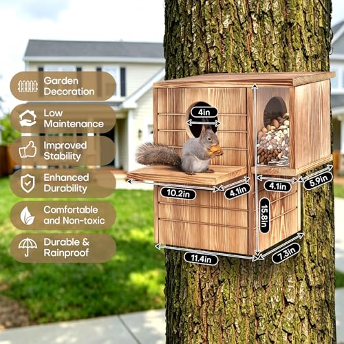 Squirrel House for Outside with Feeder, 2-in-1 Weatherproof Pine Wooden Large Squirrel Nesting Box with Predator Guard & Easy Assembly, Chipmunk House for Breeding Living, Year-Round Shelter