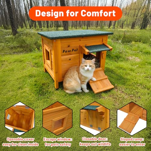 Paw Pal Outdoor Cat House, Outdoor Cat House Weatherproof, Openable Asphalt Roofs, Cat Houses for Feral Cats, Bunnies and Guinea Pigs, Small Animals, Insulated Cat Houses, Small Wooden cat House - style: Small: 20.1" * 16.5" * 16.5"