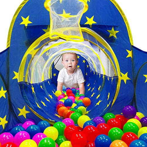 PigPigPen 3pc Kids Play Tent for Boys with Ball Pit, Crawl Tunnel, Princess Tents for Toddlers, Baby Space World Playhouse Toys, Boys Indoor& Outdoor Play House, Perfect Kid’s Gifts - style: 3PC Blue Star Play Tent