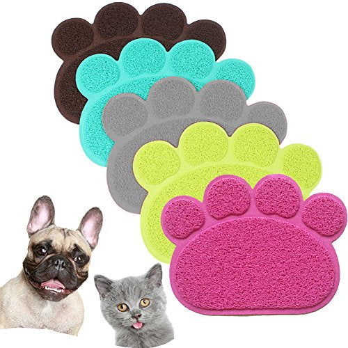 PVC Pet Dog Cat Puppy Kitten Dish Bowl Food Water Feeding Placemat, Non-Slip Cat Litter Mat Paw Shape, Blue Large - color: Blue, size: Large(17.7"x23.6")