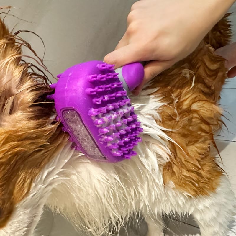 Pet Dog Bath Brush, 2 in 1 Silicone Brush Bathing Grooming Massage Brush with 6.8oz Shampoo Dispenser for Long & Short Haired Dogs Cats Shower