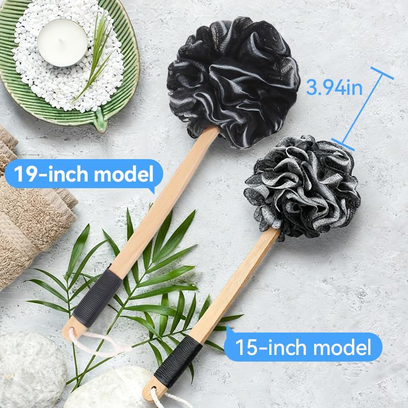 FORENEE Black Loofah on a Stick, PE Mesh Back Scrubber, Long Wood Handle | Soft PE mesh creates rich lather for gentle cleansing; coated long wood handle, non-slip rubber grip and hanging loop - style: Black（Long Handle）