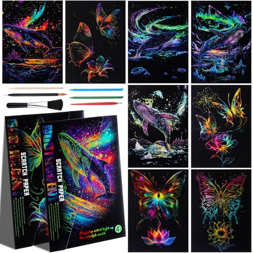 Gersoniel 8 Pack Dark Scratch Glow Art Adults Butterfly,Whale | Noctilucent Rainbow Engraving Sheets Reveal Vibrant Colors, Includes Wooden Stylus and Cleaning Brush for DIY Crafts - color: Hummingbird，butterfly