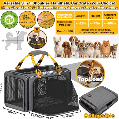 PAWZIDEA Expandable Large Pet Carrier, Soft-Sided 2–4 Cats Carrier Up 55lbs | 24"×16"×16" Collapsible Small to Medium Dog Carrier Travle Bag, Portable Dog Crate for Car Travel, Breathable, Storage Pocket - color: Mid-Hemp Gray, size: 24.0"L x 16.0"W x 16.