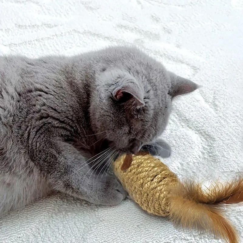 3 Pack Cat Mice Toys with Feather Tail Rattling Noise Sound Natural Sisal Cat Balls Toys Teeth Cleaning Dental Chew Toys Interactive Cat Mice Toy Mice Cat Toys for Indoor Cats